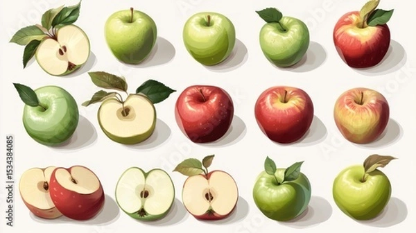 Fototapeta Fresh apples, whole and sliced, various colors and varieties, detailed illustration.