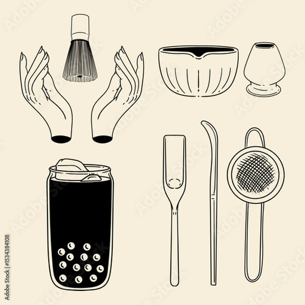 Obraz Matcha tea illustration set. Original hand-drawn green tea illustrations featuring matcha brewing utensils, a bamboo matcha whisk, and a Japanese matcha green tea brewing brush for posters, cards, caf