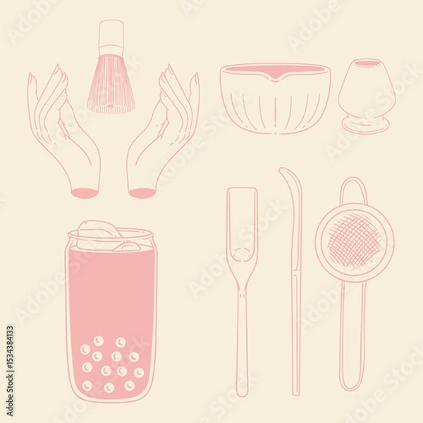 Obraz Matcha tea illustration set. Original hand-drawn green tea illustrations featuring matcha brewing utensils, a bamboo matcha whisk, and a Japanese matcha green tea brewing brush for posters, cards, caf