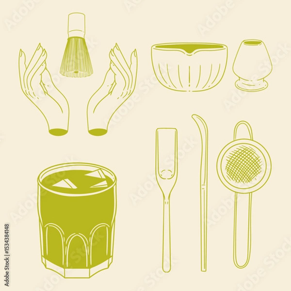Obraz Matcha tea illustration set. Original hand-drawn green tea illustrations featuring matcha brewing utensils, a bamboo matcha whisk, and a Japanese matcha green tea brewing brush for posters, cards, caf