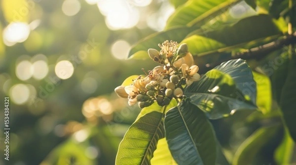 Fototapeta Close-up of  small, light yellow flowers in clusters on a tree branch, vibrant green leaves, bathed in sunlight.