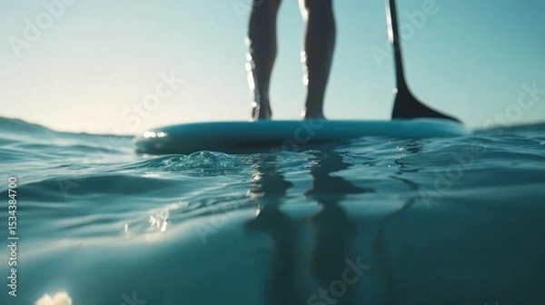 Fototapeta Low angle view of person paddleboarding in the ocean at sunrise.