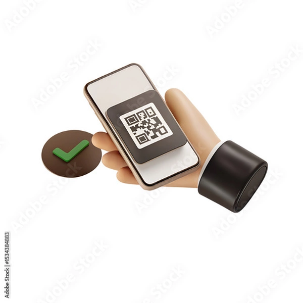 Fototapeta Hand Holding Smartphone QR Code Scan Digital Check for mobile digital payment concept in 3d render