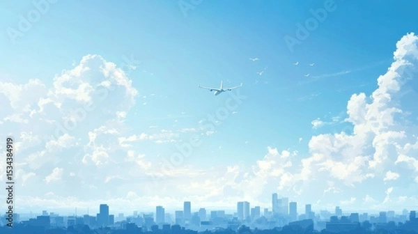 Fototapeta Airplane flying over a city skyline on a bright, sunny day with fluffy clouds.