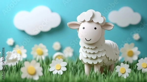 Fototapeta Cute cartoon sheep in a grassy field with daisies and clouds.