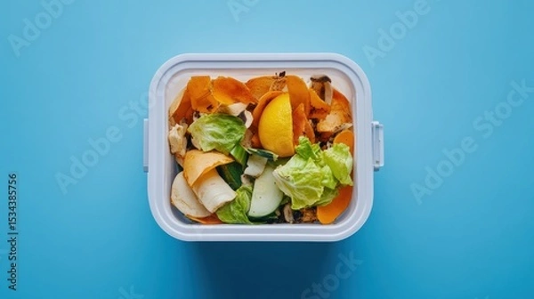 Fototapeta Assorted food scraps in a white container for composting.