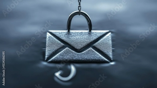 Fototapeta A silver email icon submerged in water, with a chain and hook attached, symbolizing phishing or email security risks.