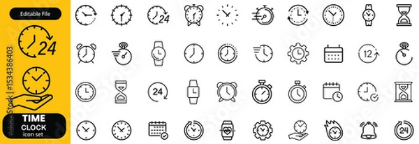Fototapeta Set of time related line icons. Clock, watch, calendar, timer etc. Editable stroke