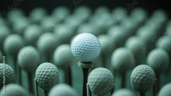 Fototapeta A single white golf ball stands out amidst a crowd of similar gray golf balls on tee markers.
