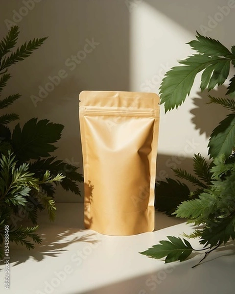 Fototapeta Blank brown kraft zip paper standup Pouch mockup with Green Foliage