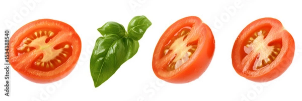 Obraz Fresh cut tomatoes and basil leaf isolated on black background, healthy food concept
