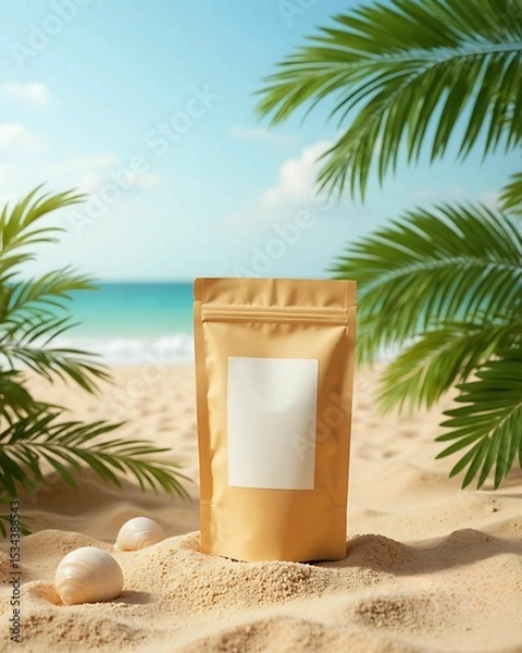 Fototapeta Blank brown kraft zip paper standup Pouch mockup on Tropical Beach