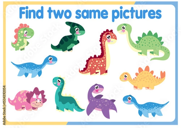 Fototapeta Find two identical dinosaurs. Ancient world, game for children. Fantasy or fairy tale, educational quiz for children, developing attention.