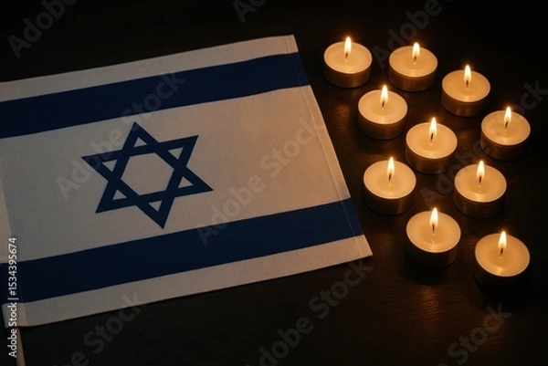 Fototapeta Candles illuminated next to an Israel flag for a solemn remembrance ceremony