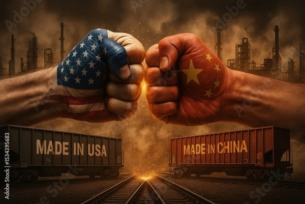Fototapeta Tension between US and China depicted through symbolism of trade and rivalry