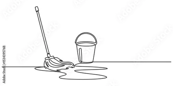Fototapeta Continuous one line drawing of mop and bucket. Cleaning concept. Simple vector illustration, Single line draw design vector graphic illustration. Cleaning tools one line colored continuous drawing. 