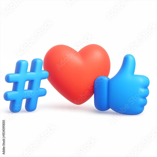 Fototapeta Colorful 3D icons representing social media engagement with a hashtag, heart and thumbs up against a transparent background suitable for technology graphics