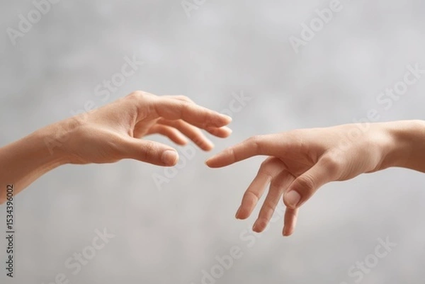 Fototapeta close-up of hands reaching towards each other fingers almost touching with neutral background for minimalistic look
