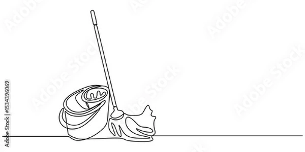 Fototapeta Continuous one line drawing of mop and bucket. Cleaning concept. Simple vector illustration, Single line draw design vector graphic illustration. Cleaning tools one line colored continuous drawing. 