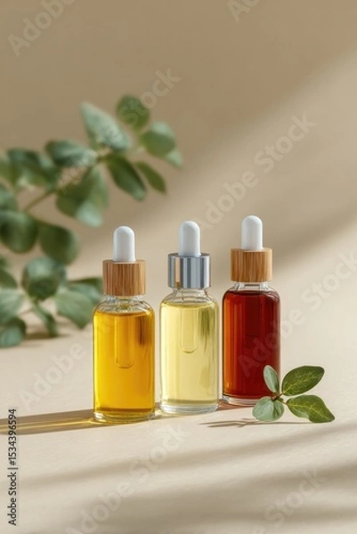 Fototapeta vibrant color background with assorted skincare oils arranged elegantly in balanced minimalistic layout