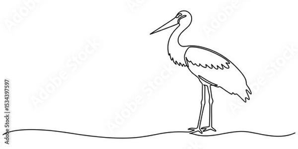 Obraz Heron stork single continuous one line out line vector art drawing on white background, Continuous one single minimal line drawing Cranes, Stork bird continuous one line drawing minimalism design.