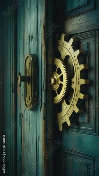 Fototapeta Time never turn back, A surreal collage of a door to yesterday, sealed with glowing gears, high fidelity image.