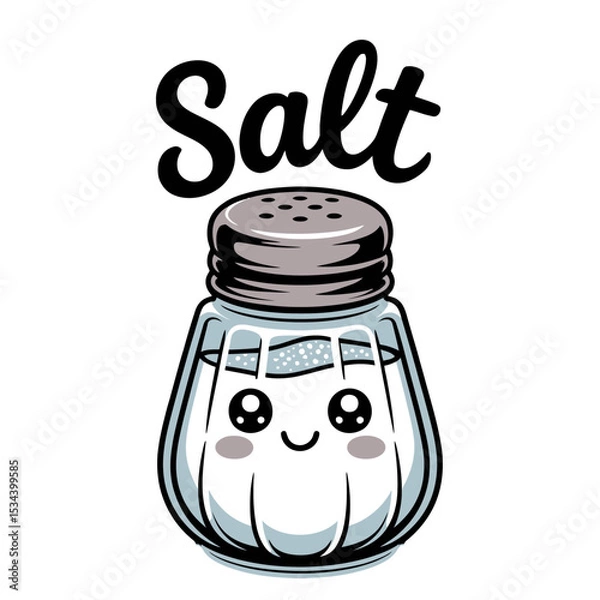 Fototapeta A cute salt shaker character features a happy face with blushing cheeks and sparkling eyes. The word Salt
