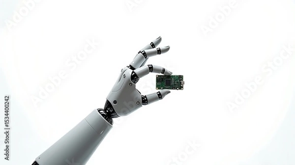 Obraz Sleek metallic fingers and sharp lines emphasize the technological precision of a futuristic robotic hand and circuit board.
