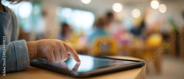 Fototapeta Young child using tablet in classroom, learning with technology and digital education in a bright and modern learning environment