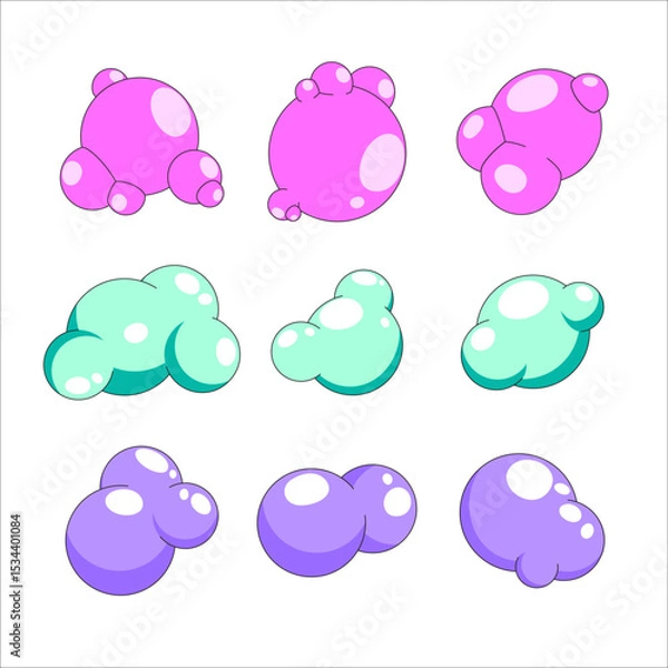Fototapeta Cartoon soap foam set with bubbles. Vector illustration isolated on white background.