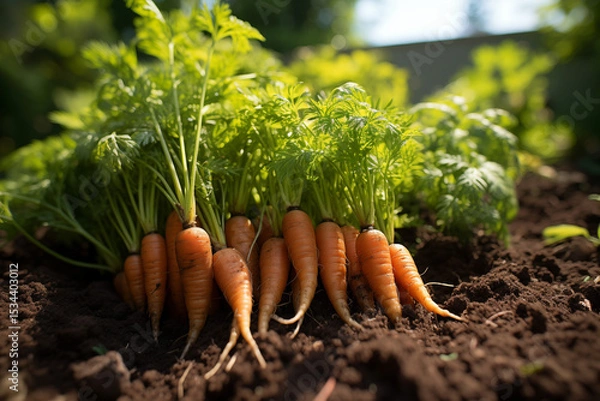 Fototapeta Freshly harvested carrots lay on the ground.