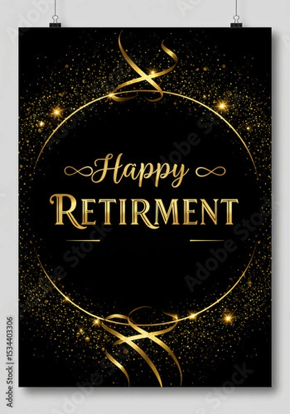 Fototapeta Retirement banner, luxury black background with sparkling gold accents, elegant serif typography, glitter effects, text "Happy Retirement", sleek, professional, classy, premium design