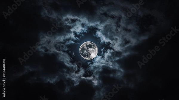 Fototapeta A full moon surrounded by dark clouds creating a dramatic and atmospheric night sky scenery view