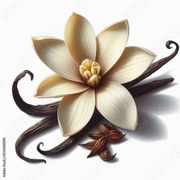 Fototapeta Isolated vanilla orchid flower with creamy yellow tones, used in recipes, perfumes, and spa visuals.