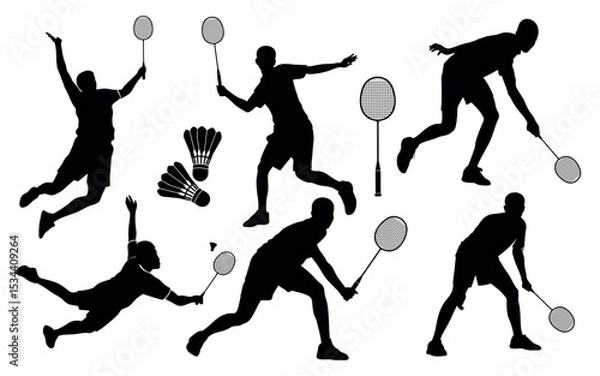 Fototapeta Vector art of dynamic badminton players in action, isolated on white background, a vector illustration showcasing powerful silhouettes and swift movements