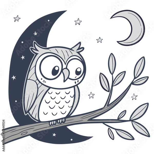 Obraz Cute stylized owl sitting on a branch under a moon and stars in a night sky