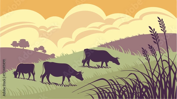 Obraz Cows grazing peacefully in a green rural pasture. Farm animals on rolling hills under a cloudy sky. Countryside landscape.