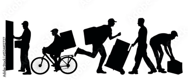 Fototapeta Vector art of a series of black silhouettes depicts delivery workers in motion, isolated on white background, showcasing various delivery methods including bicycle, handcart, and carrying packages