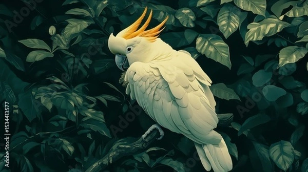 Obraz Sulphur-crested cockatoo perched on a branch amidst lush green foliage.