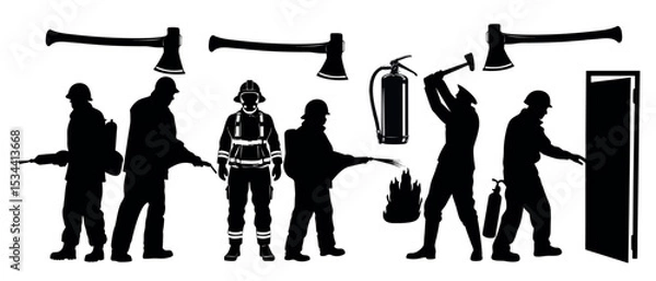Fototapeta Vector art of a team of firefighters in action, isolated on white background, wielding axes and extinguishers to combat a blaze