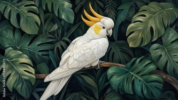 Obraz Sulphur-crested cockatoo perched on a branch amidst lush tropical foliage. (1)