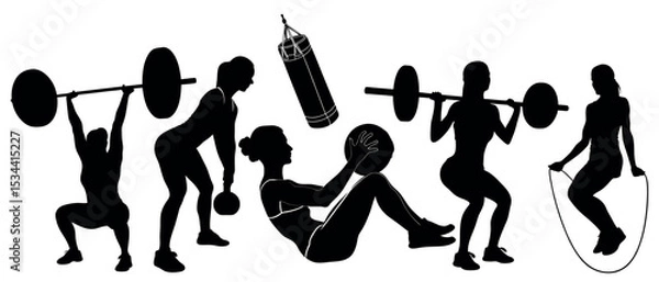 Fototapeta Vector art of silhouetted female athletes, isolated on white background, showcase strength training exercises with weights, medicine ball, jump rope, and punching bag