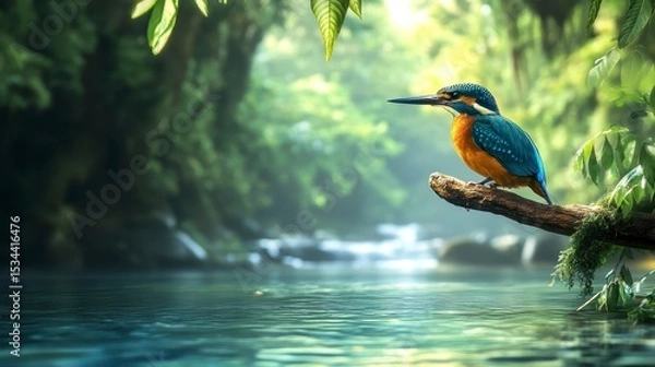 Obraz Vibrant kingfisher perched on a branch over a tranquil stream in a lush green forest.