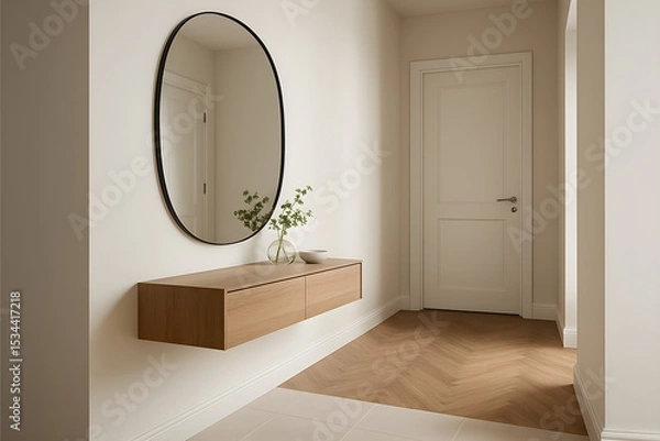 Fototapeta Modern minimalist hallway with a wooden console and an oval mirror on the wall, featuring simple decor and neutral colors.