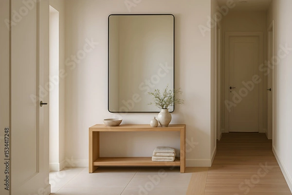 Obraz Minimalist hallway interior with a large wall mirror, wooden console table, and decor items.