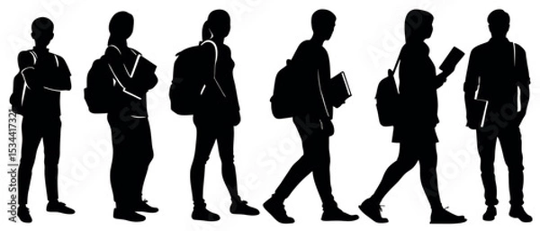 Fototapeta Vector art of five silhouetted students, each carrying a backpack and books, walk purposefully, isolated on white background