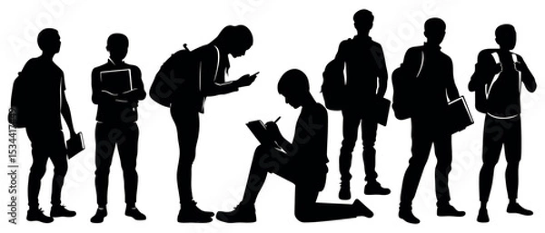 Fototapeta Vector art of silhouetted students, isolated on white background, actively engaged in studying, using technology, and carrying backpacks