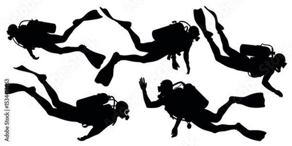 Fototapeta Vector art of five scuba divers, isolated on white background, execute graceful underwater maneuvers in a dynamic vector illustration