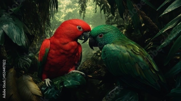 Obraz Two vibrant parrots, red and green, face each other amidst lush tropical foliage.