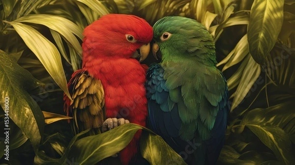 Obraz Two parrots, red and green, nestled together amidst lush tropical foliage.